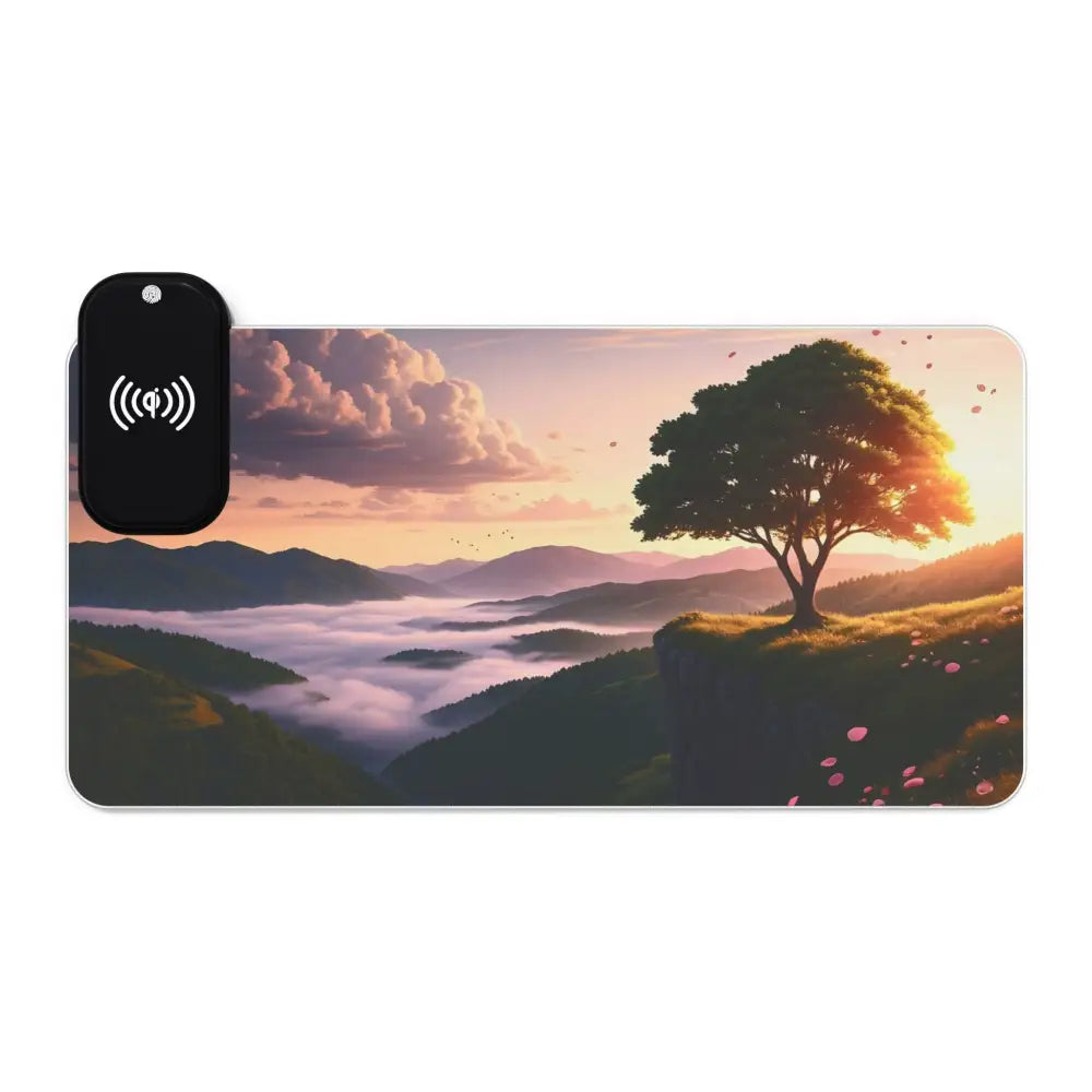 Wireless charging mousepad displaying scenic landscape with RGB lighting for The Edge of Dawn