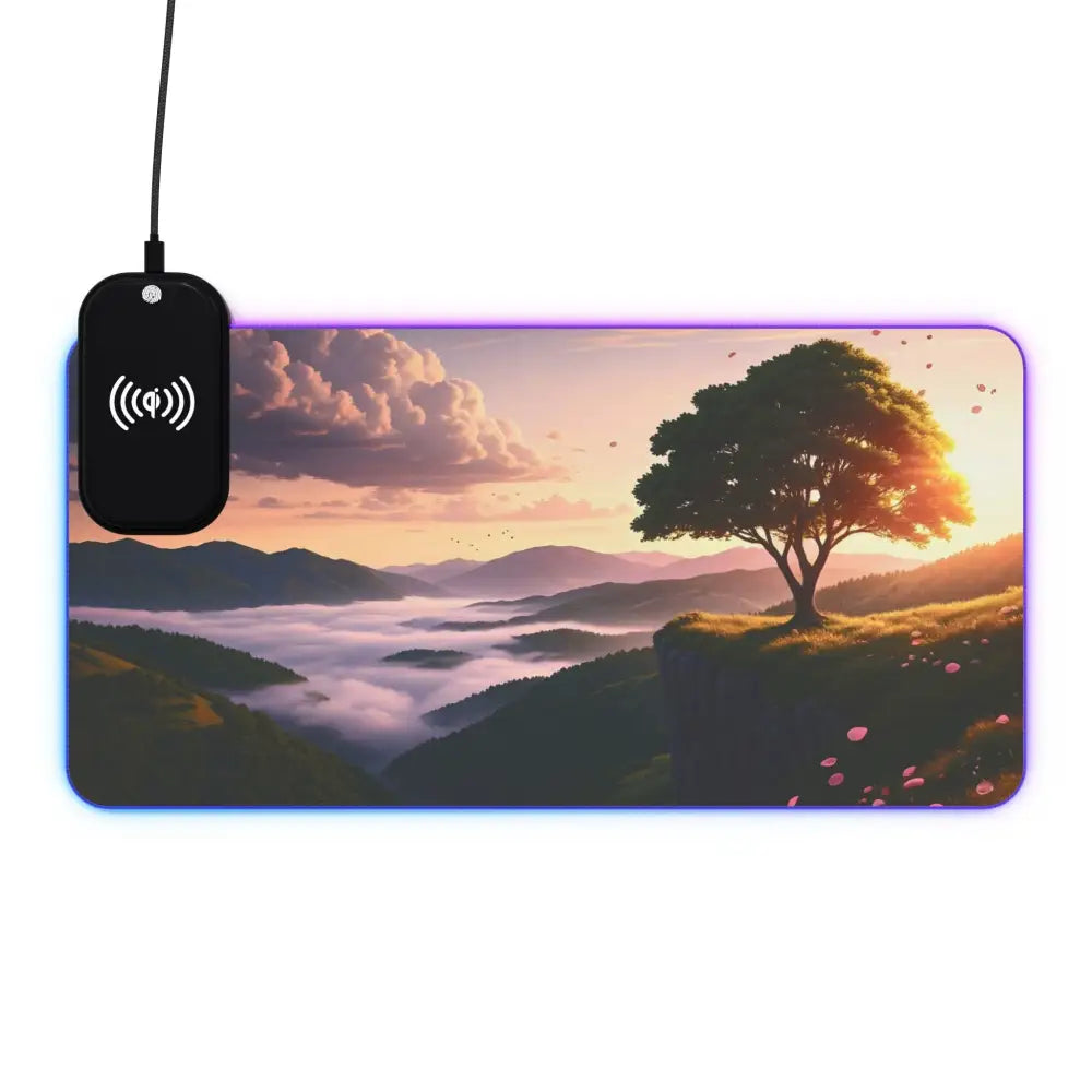 Illuminated landscape mousepad with wireless charging featuring PixiOnyx Dreamscape Vibe design
