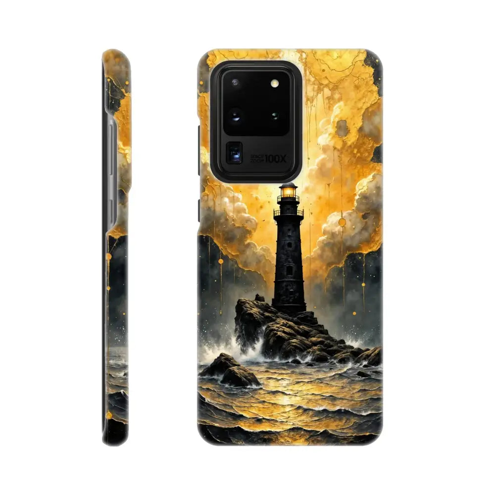 Ultra-sleek Samsung case with slip surreal elegance, lighthouse design, and camera cutout