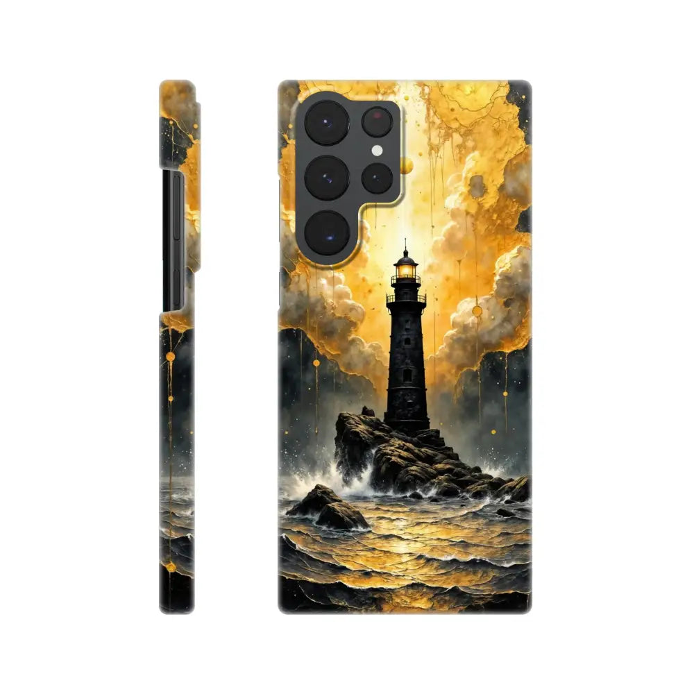 Smartphone with ultra-sleek Samsung case featuring lighthouse design in slip surreal elegance style