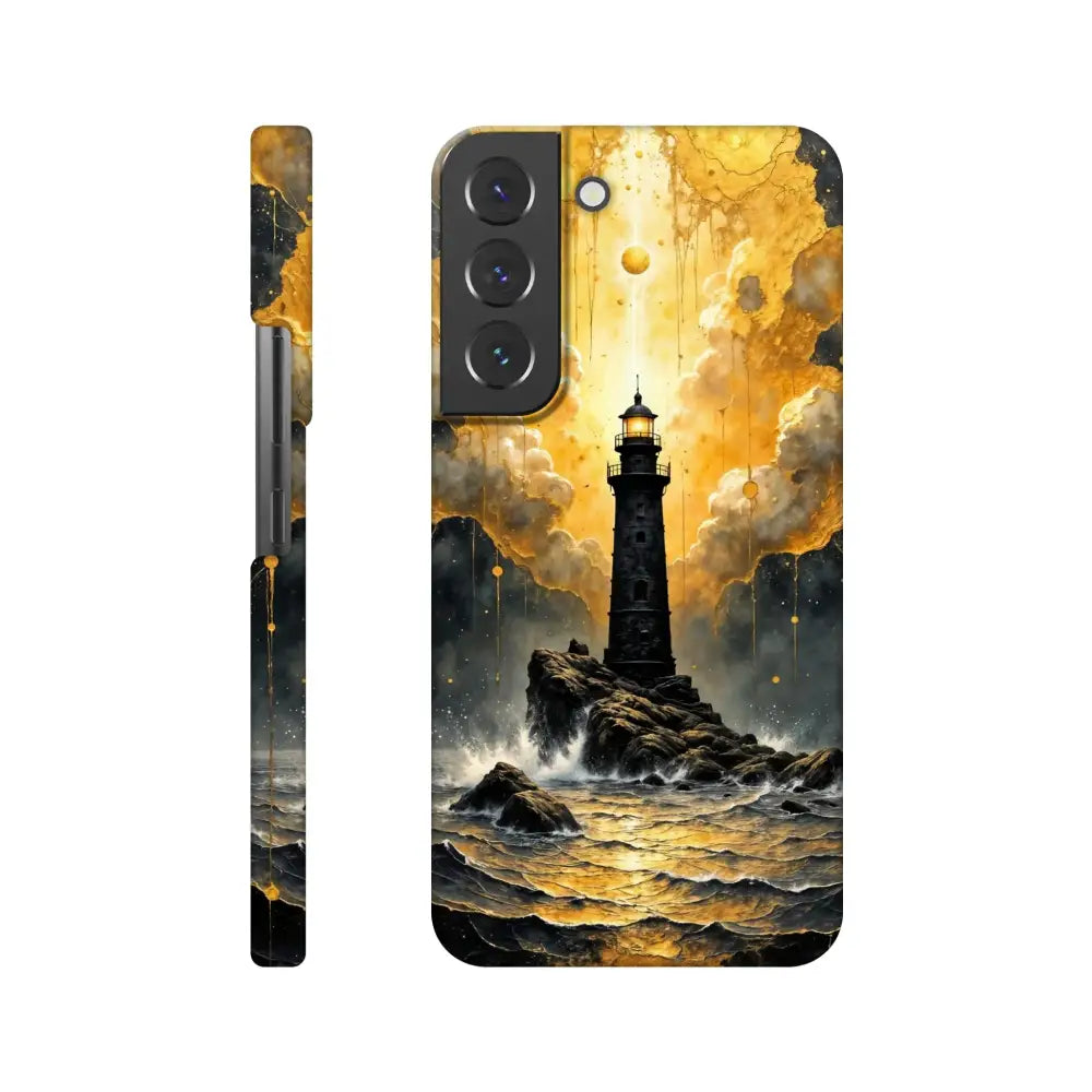 Ultra-sleek Samsung case with slip surreal elegance featuring lighthouse on rocky island under golden sky