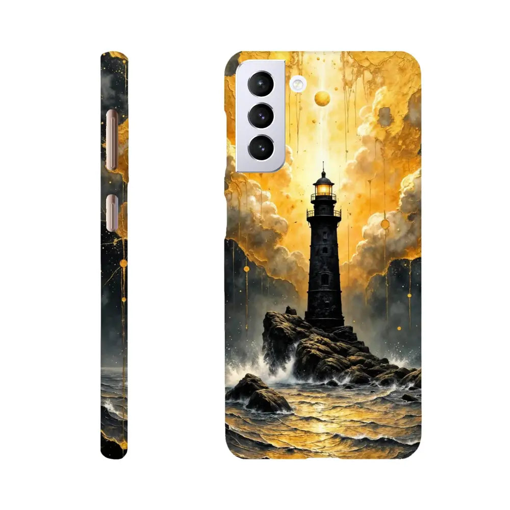 Ultra-sleek Samsung case with slip surreal elegance featuring lighthouse on rocky outcrop