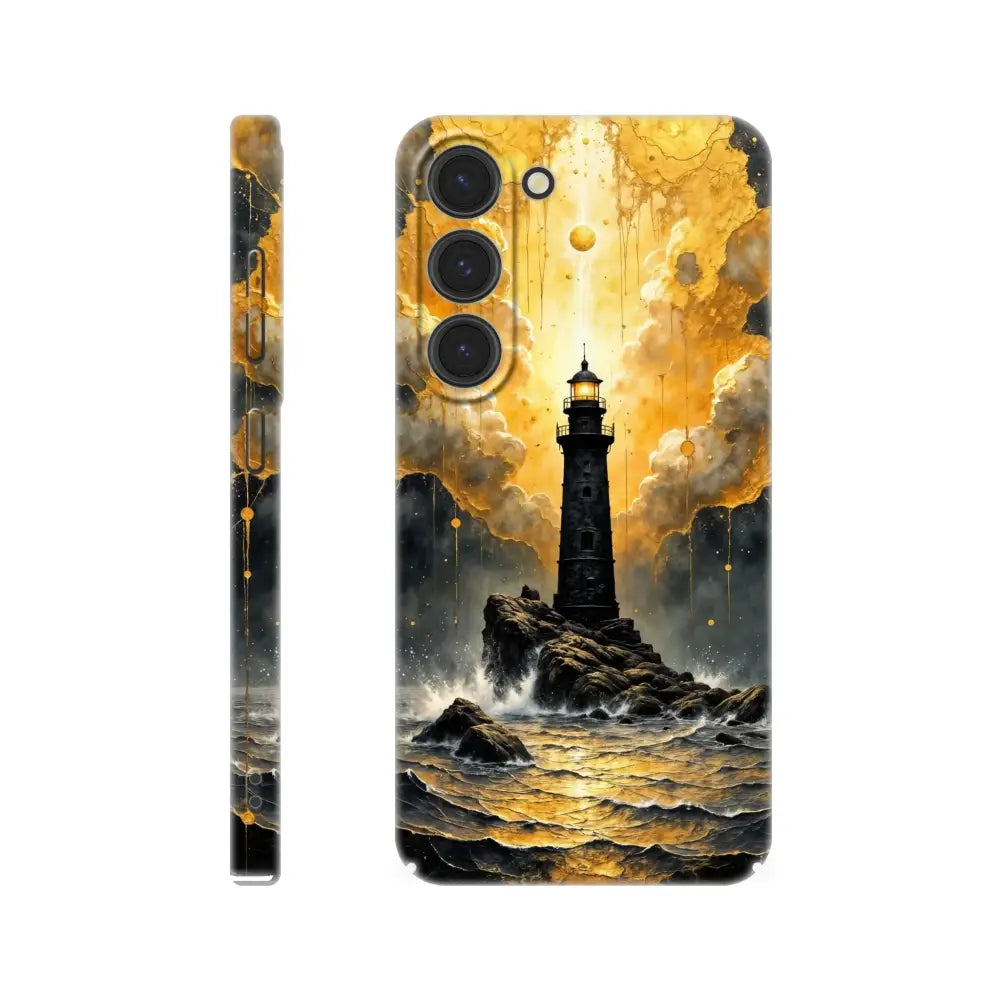 Black and gold lighthouse phone case in ultra-sleek Samsung slim polycarbonate shell