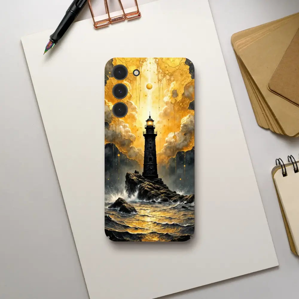 Ultra-sleek Samsung case with slip surreal elegance featuring lighthouse scene on slim polycarbonate shell