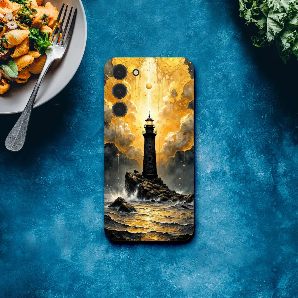 Smartphone with lighthouse design ultra-sleek Samsung case in PixiOnyx Celestial Shell Series