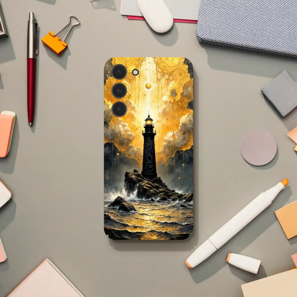 Ultra-sleek Samsung case with slip surreal elegance featuring lighthouse and stormy sea design