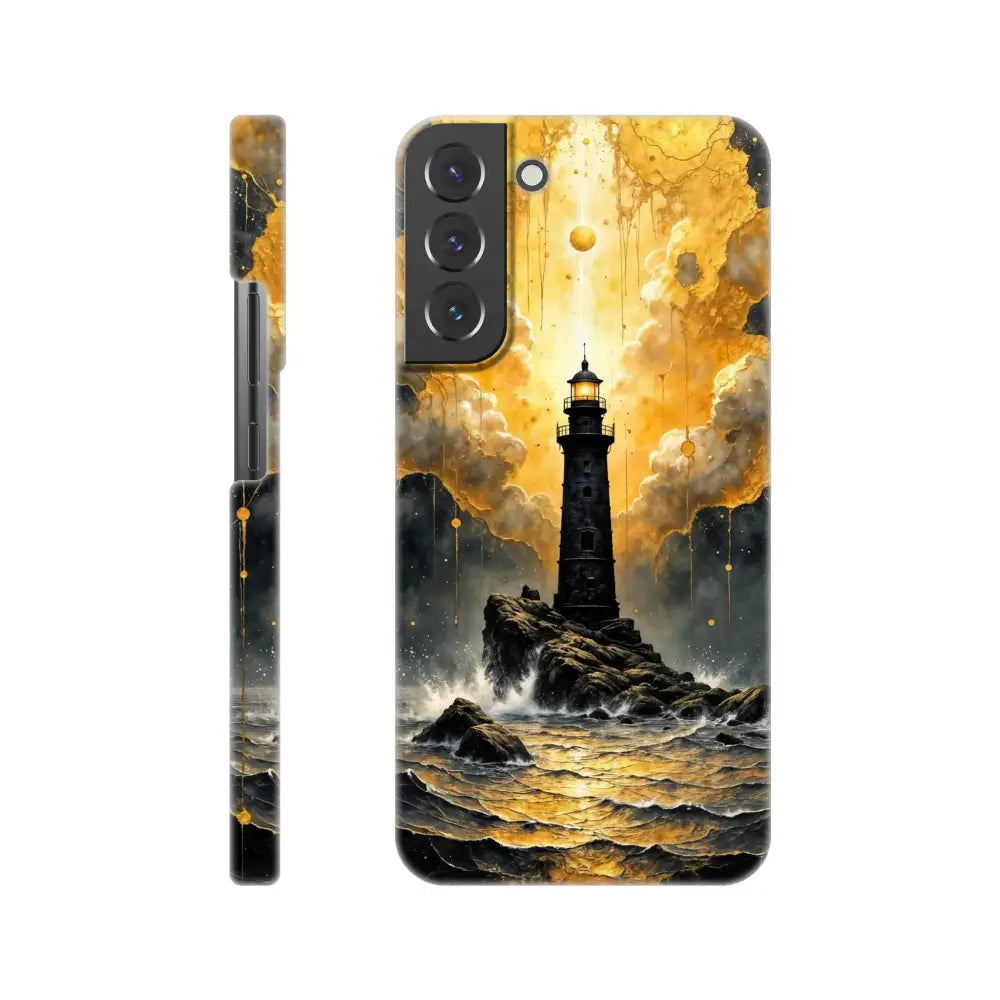 Black lighthouse phone case with golden sky and stormy sea for ultra-sleek Samsung case