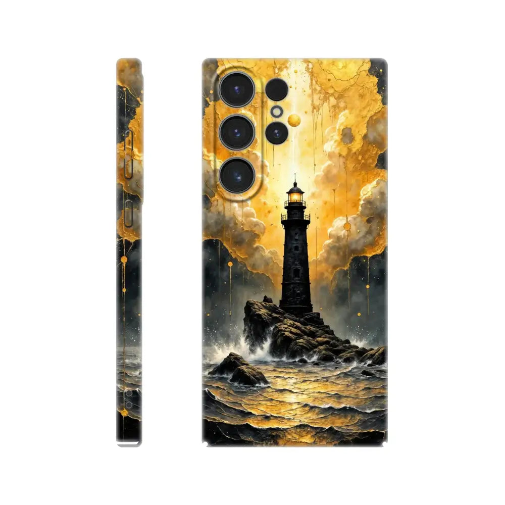 Ultra-sleek Samsung case with lighthouse design on dark gold background in PixiOnyx Celestial Shell Series