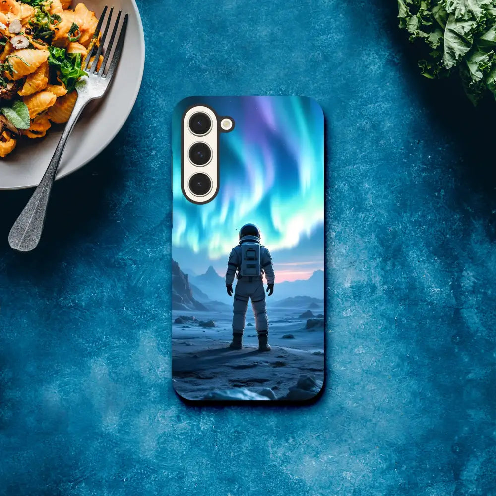 Samsung Tough Case featuring Astronaut Under Aurora design for cosmic military style protection