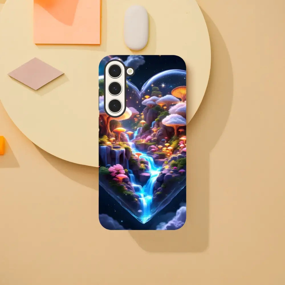 Phone case featuring a fantasy mushroom landscape for Samsung Tough Case Cosmic Heart PixiOnyx Microverse Armor