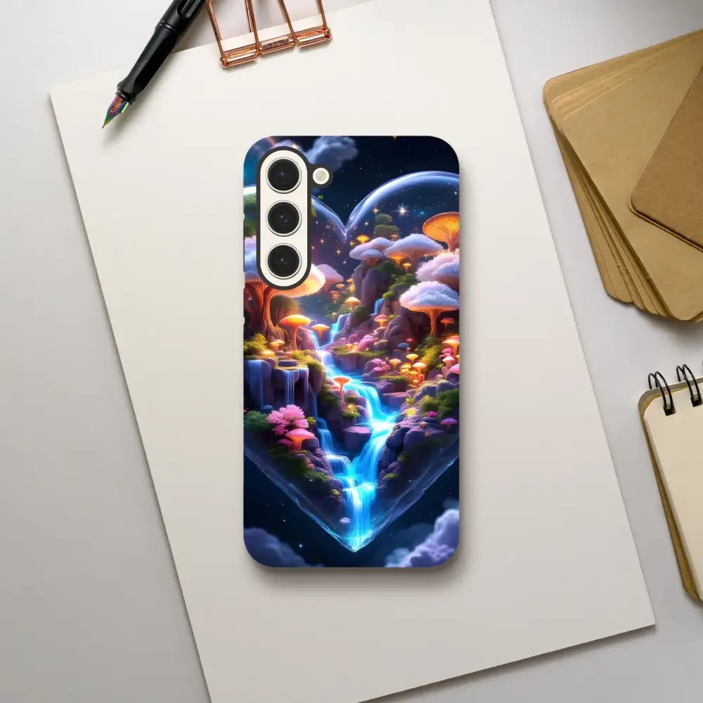 Fantasy mushroom waterfall phone case on Samsung Tough Case Cosmic Heart PixiOnyx Microverse Armor