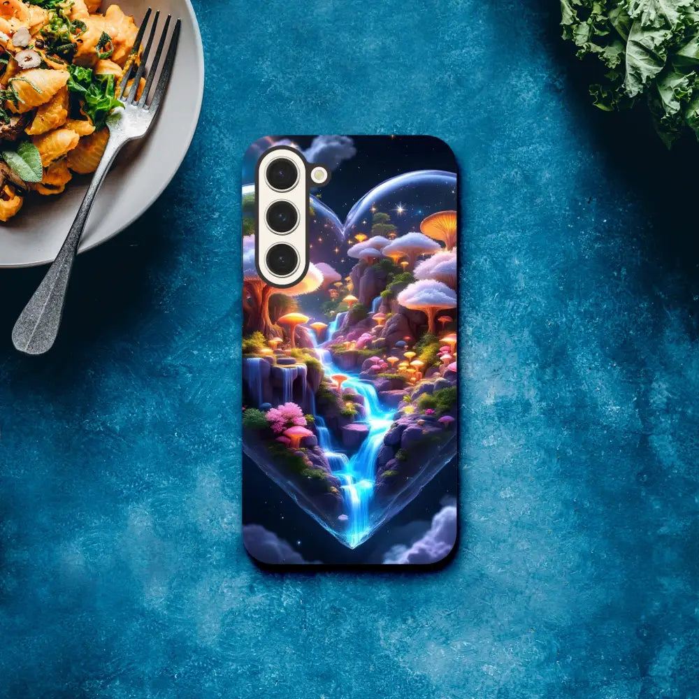 Fantasy mushroom waterfall design on Samsung Tough Case Cosmic Heart by PixiOnyx Microverse Armor