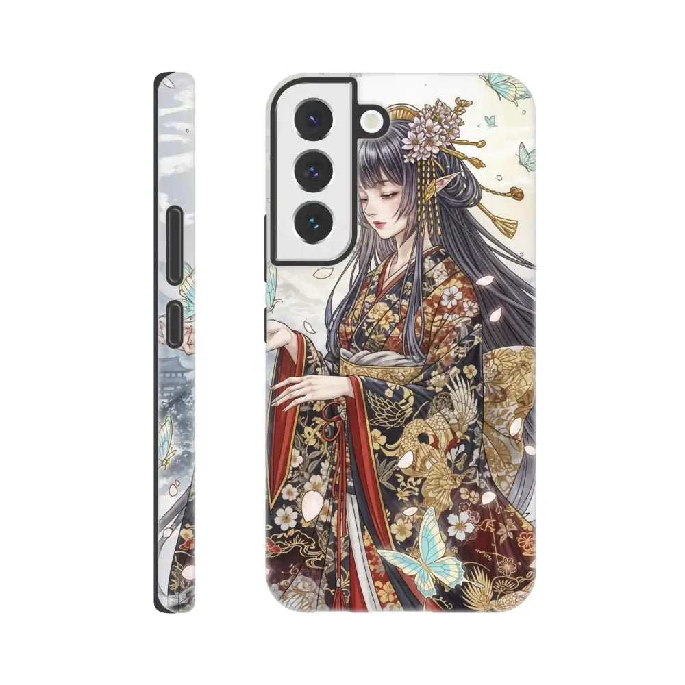 White Samsung Tough Case with anime-style kimono maiden illustration for elegant protection