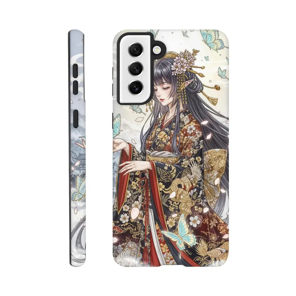 Samsung Tough Case with anime-style female in kimono and butterflies for stylish protection