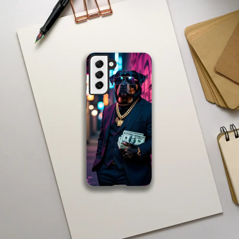 Samsung Tough Case Kingpin K9 featuring a dog in a suit for stylish phone protection