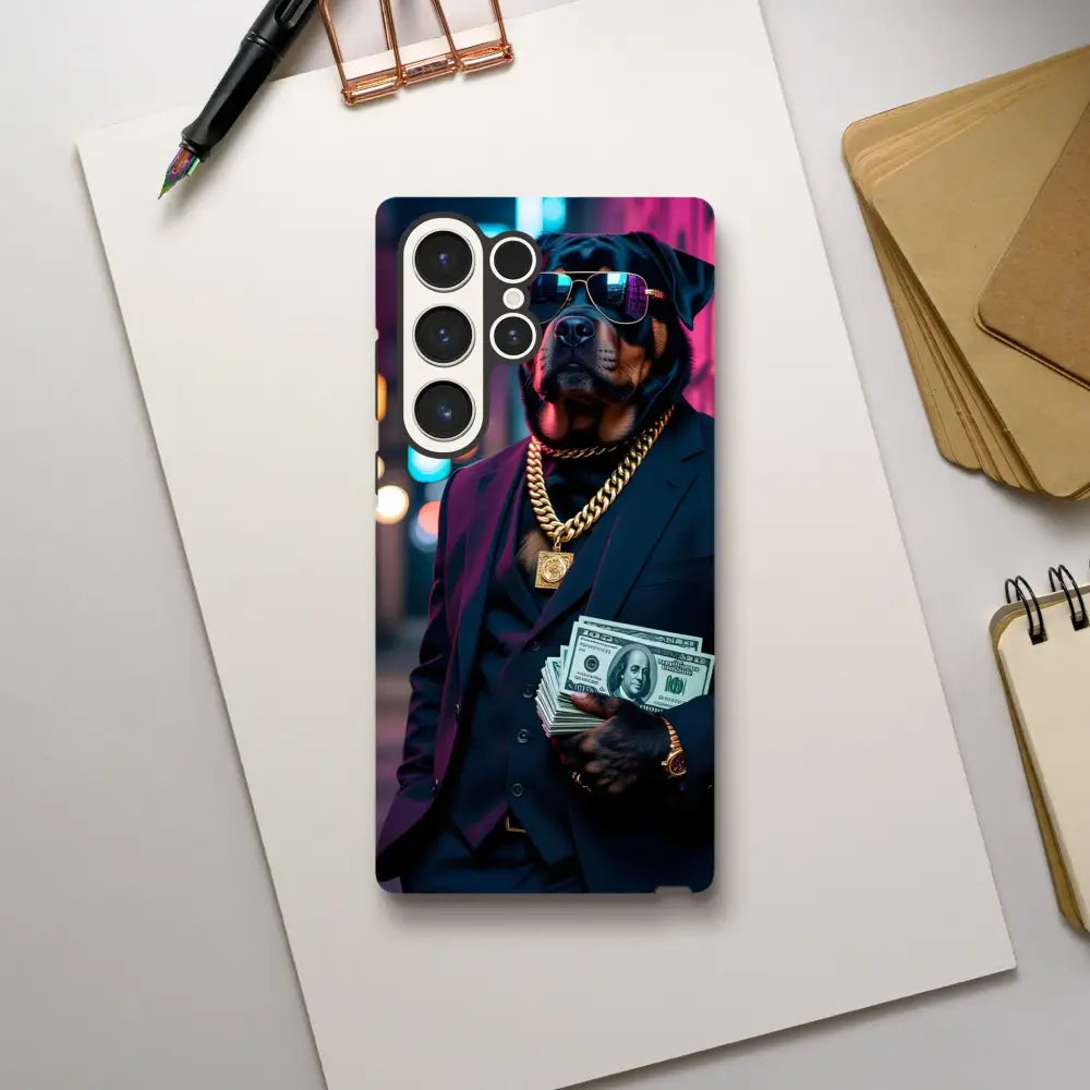 Samsung Tough Case Kingpin K9 with dog wearing sunglasses and holding money