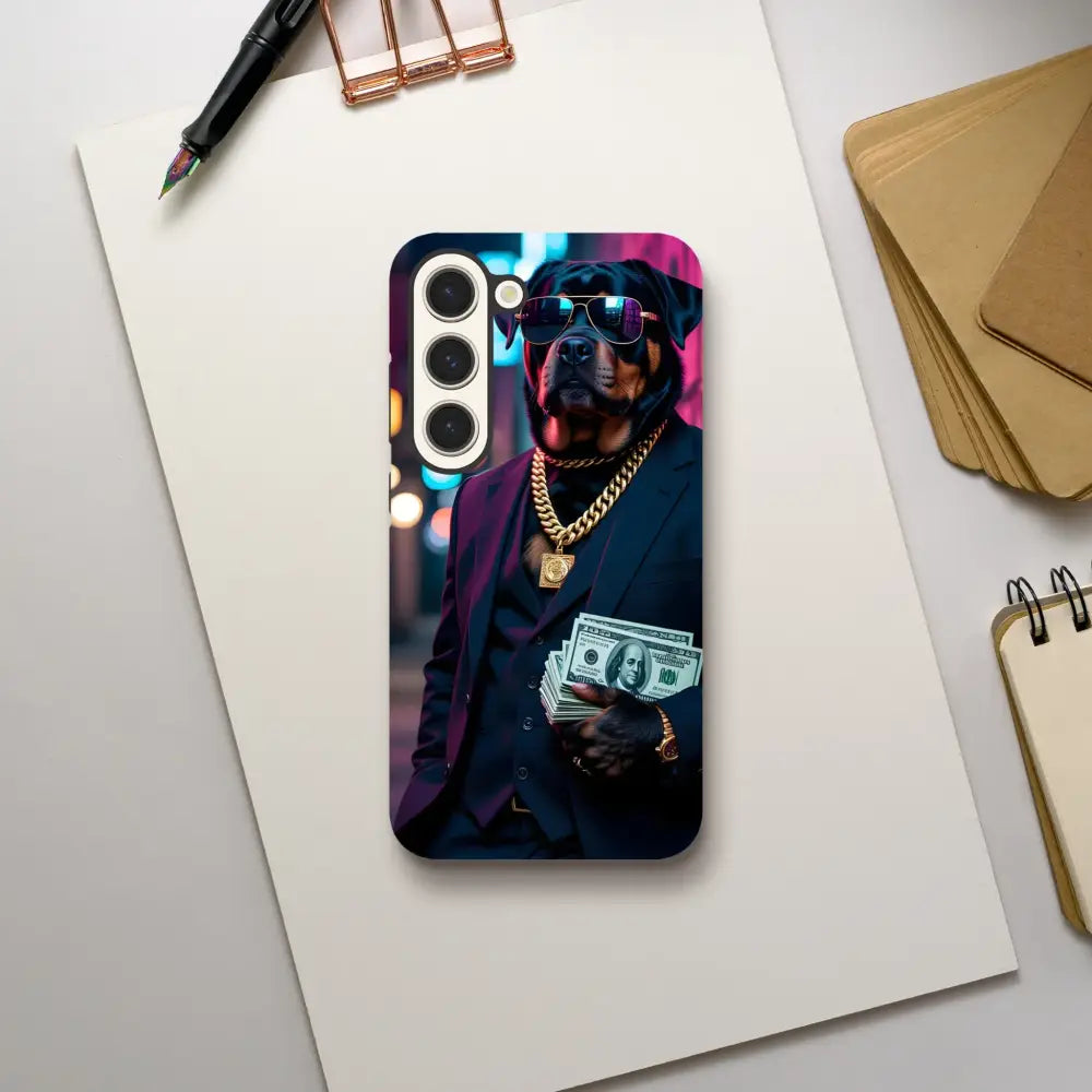 Samsung Tough Case Kingpin K9 with a dog in a suit for stylish phone protection