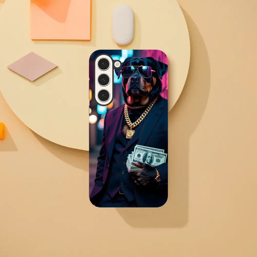 Samsung Tough Case Kingpin K9 featuring a dog in a suit for stylish phone protection