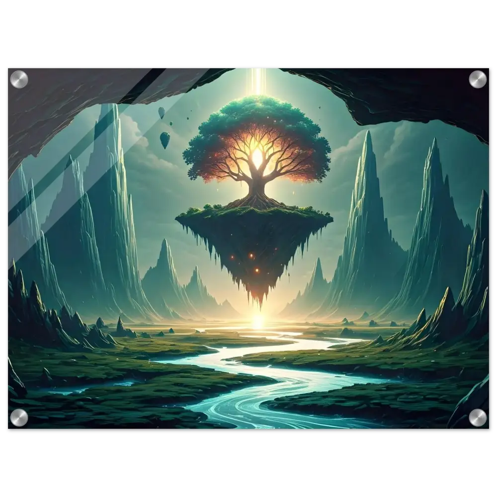 Floating tree landscape artwork on Sanctuary of the Skyroot Acrylic Print by PixiOnyx