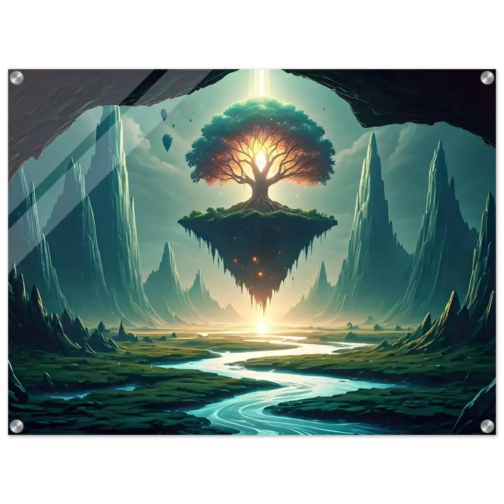 Floating island with a glowing tree in Sanctuary of the Skyroot Acrylic Print PixiOnyx