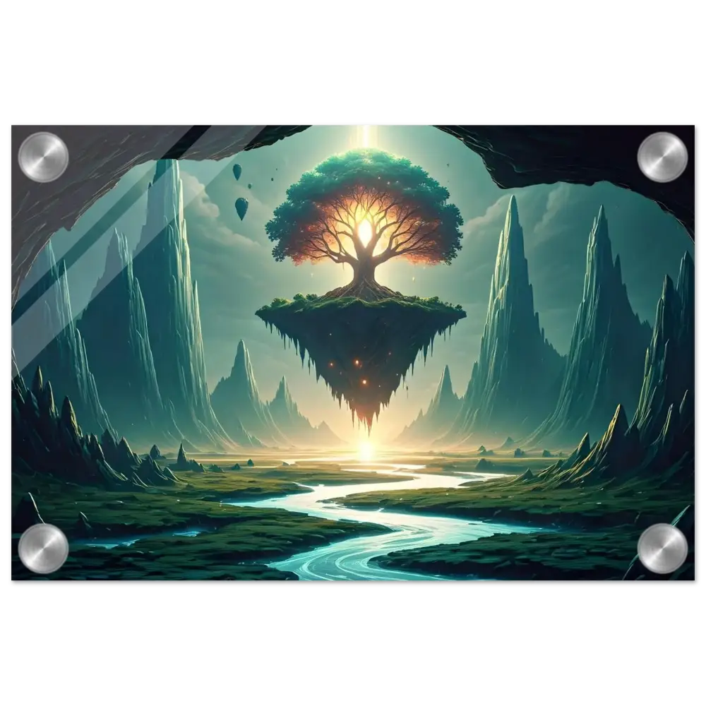 Floating tree landscape art on Acrylic Print Sanctuary of the Skyroot PixiOnyx Crystal-Clear Edition