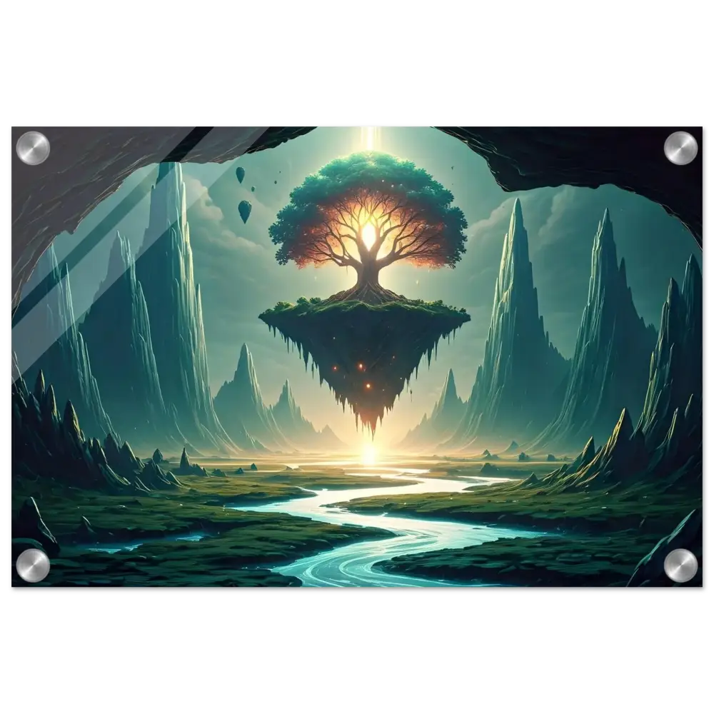 Floating tree island acrylic print artwork from Sanctuary of the Skyroot PixiOnyx Crystal-Clear Edition