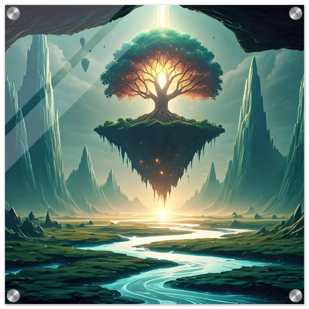 Floating island with a radiant tree in Sanctuary of the Skyroot acrylic print by PixiOnyx