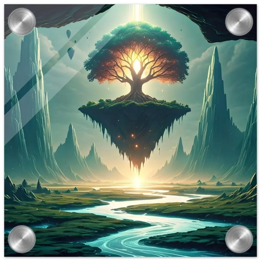 Floating tree island displayed on Sanctuary of the Skyroot Acrylic Print PixiOnyx Crystal-Clear Edition