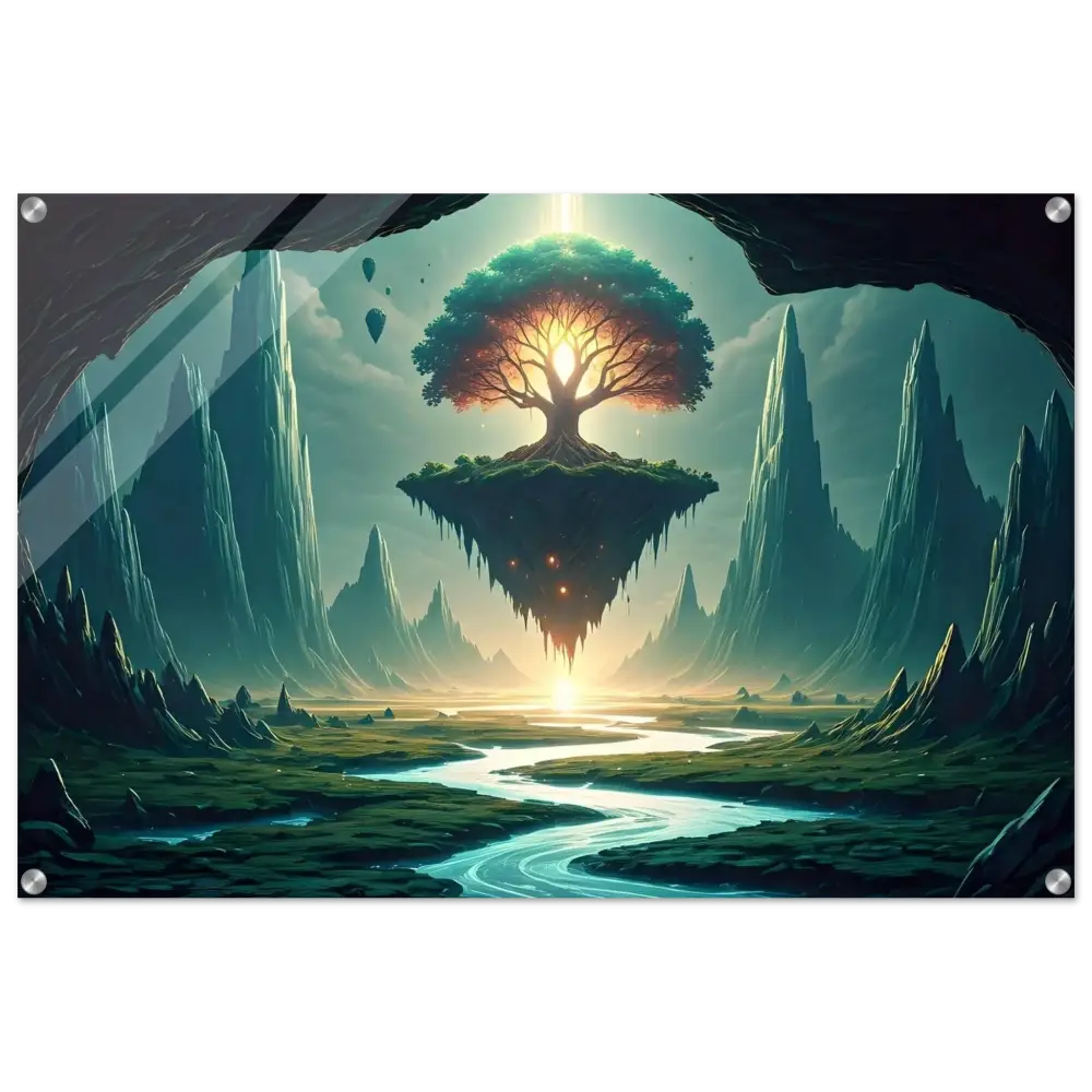 Floating island with glowing tree acrylic print Sanctuary of the Skyroot PixiOnyx Crystal-Clear Edition