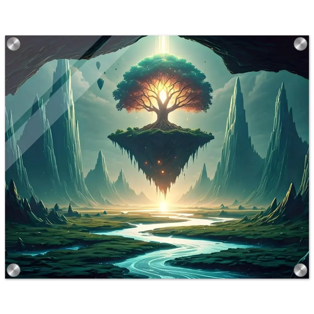 Floating tree island displayed on Sanctuary of the Skyroot Acrylic Print PixiOnyx Crystal-Clear Edition
