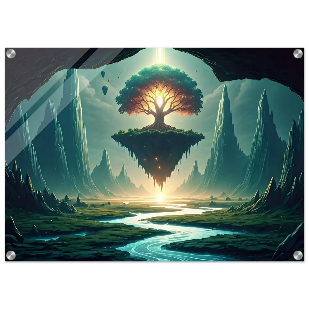 Framed fantasy landscape art for Sanctuary of the Skyroot Acrylic Print PixiOnyx Crystal-Clear Edition