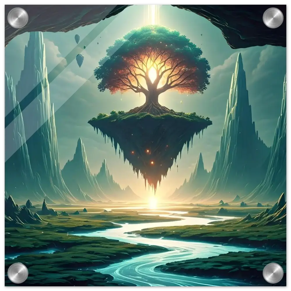Floating island with glowing tree acrylic print Sanctuary of the Skyroot PixiOnyx Crystal-Clear Edition