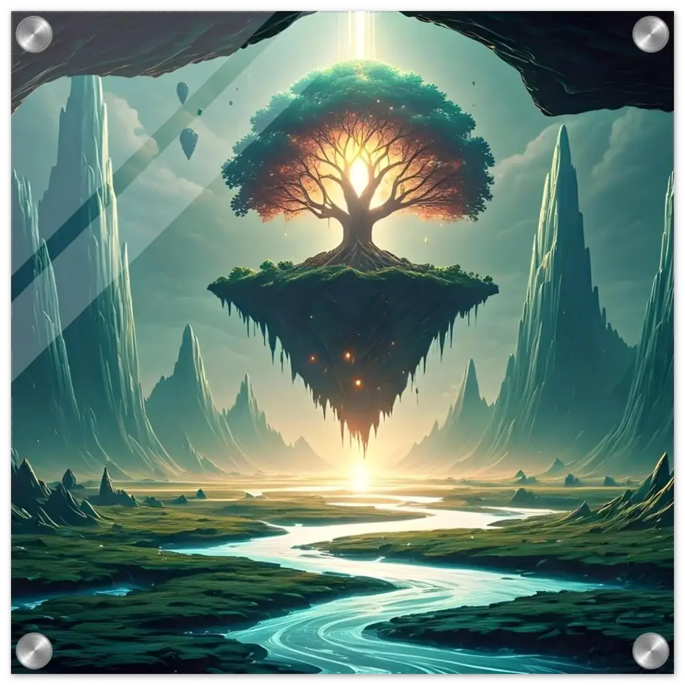 Floating island with a radiant tree displayed on Sanctuary of the Skyroot Acrylic Print