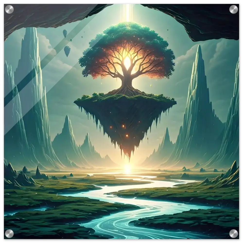 Floating island with glowing tree on Sanctuary of the Skyroot Acrylic Print PixiOnyx