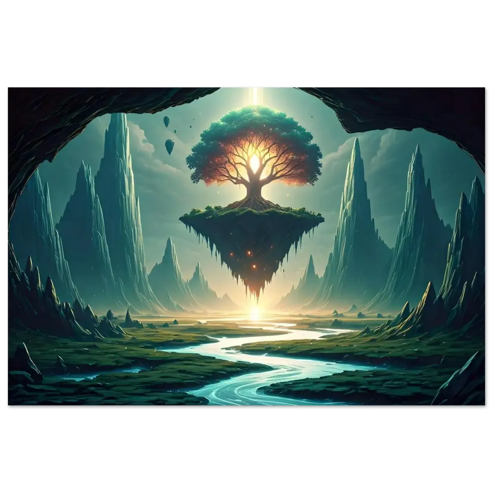Floating island with glowing tree aluminum print Sanctuary of the Skyroot PixiOnyx panel
