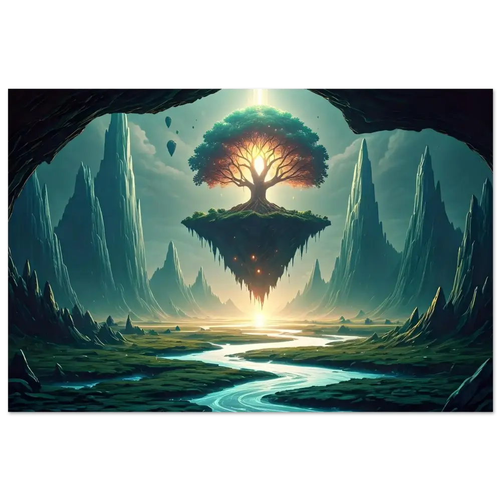Floating island with glowing tree on Sanctuary of the Skyroot Aluminum Print by PixiOnyx