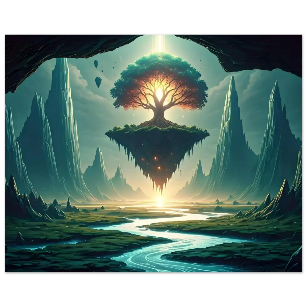 Floating tree island on a modern fantasy aluminum print Sanctuary of the Skyroot by PixiOnyx