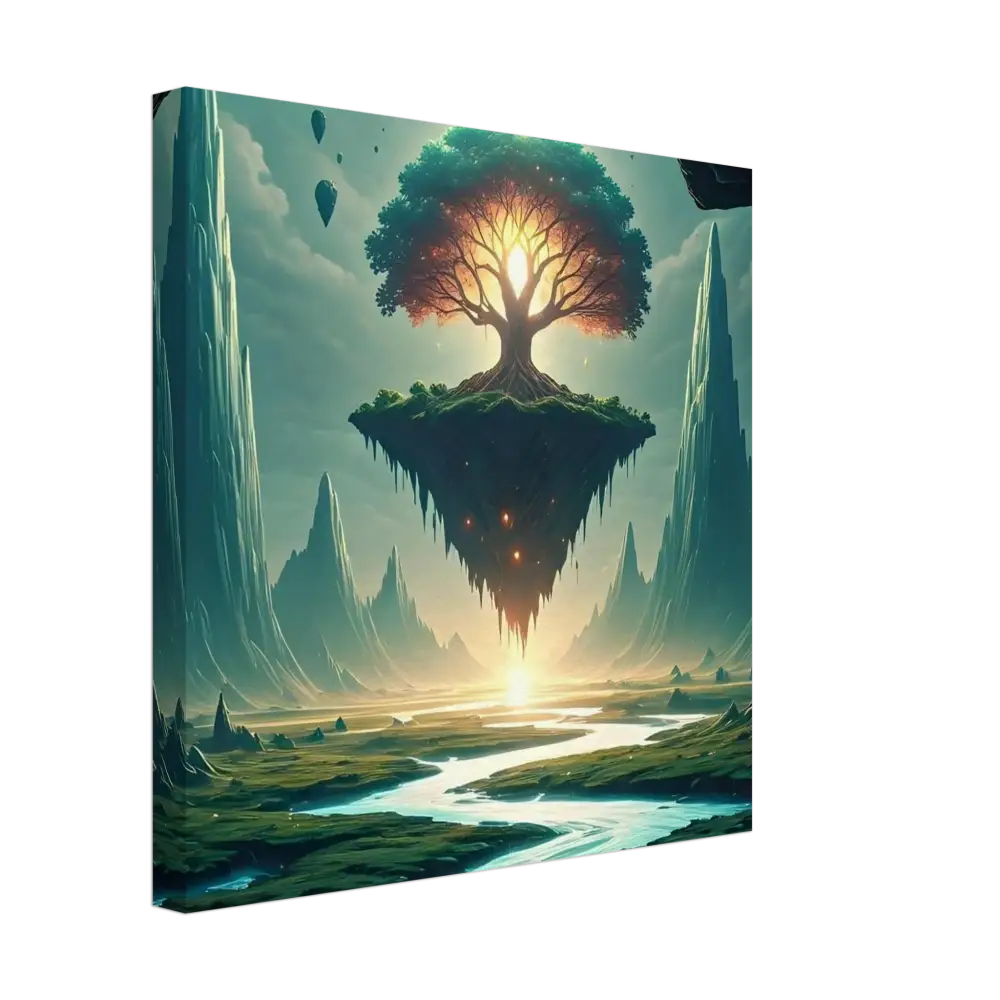Sanctuary of the Skyroot Canvas featuring a floating island with a glowing tree in PixiOnyx Floating Realm Series