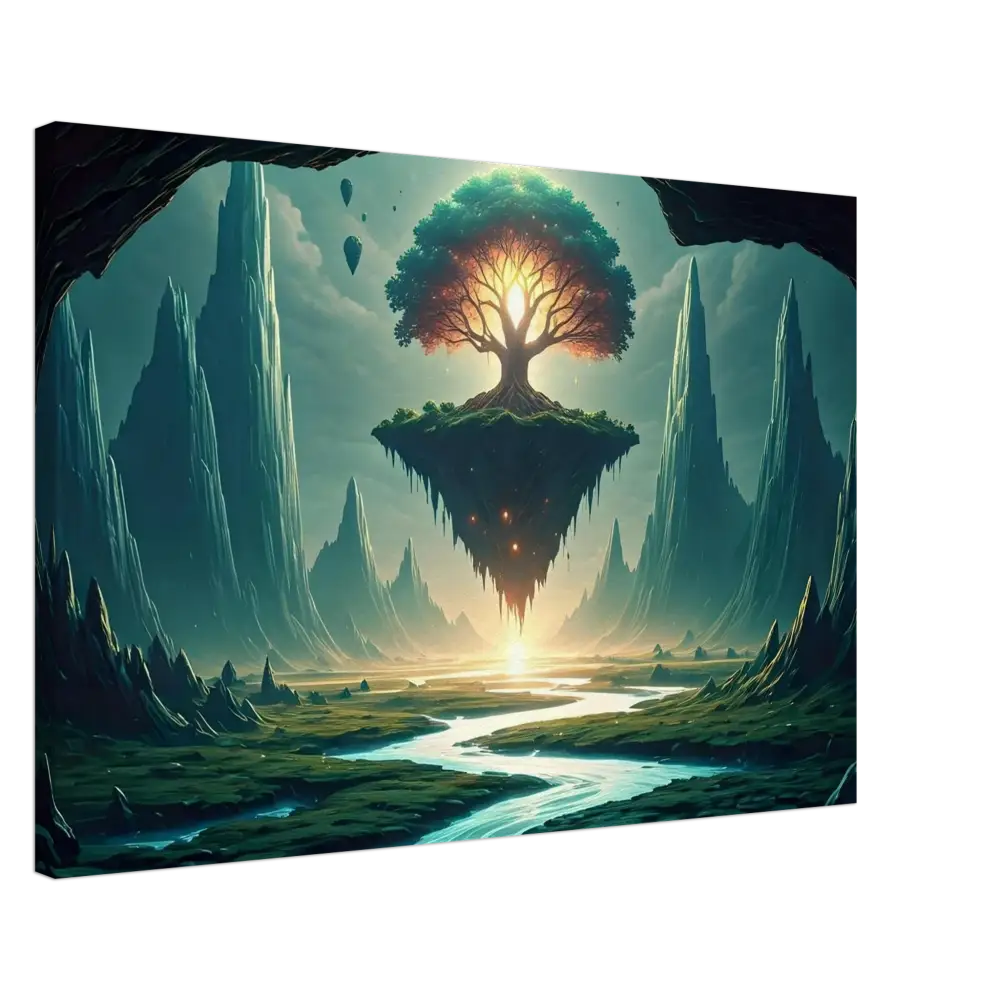 Floating island with a glowing tree in Sanctuary of the Skyroot Canvas from PixiOnyx Floating Realm Series