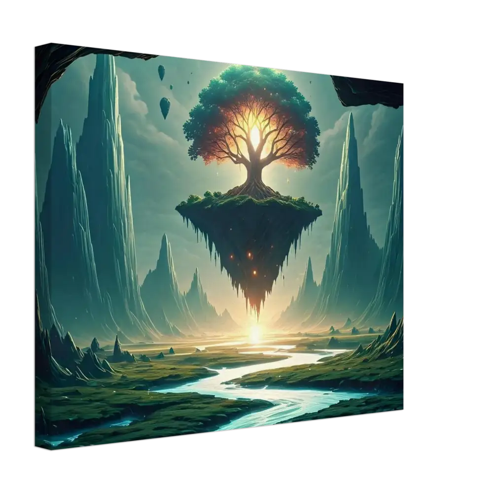Floating island with glowing tree in Sanctuary of the Skyroot Canvas from PixiOnyx Floating Realm Series