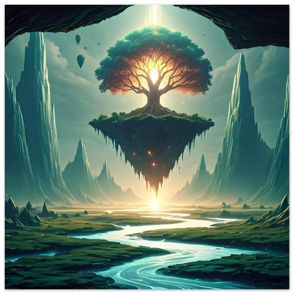 Floating island with a glowing tree in Sanctuary of the Skyroot PixiOnyx Dreamscape Print