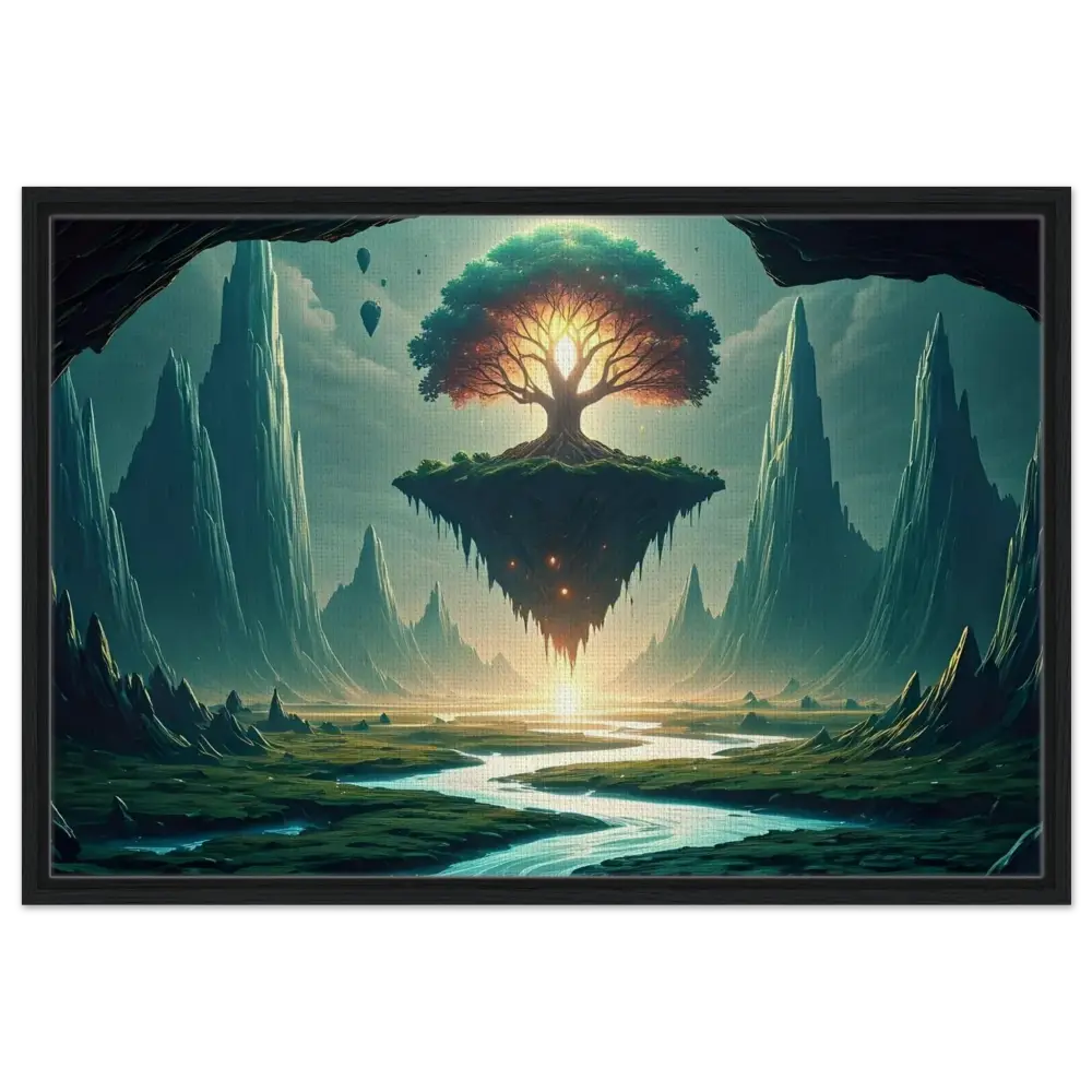 Floating tree island depicted on Sanctuary of the Skyroot framed canvas wall display