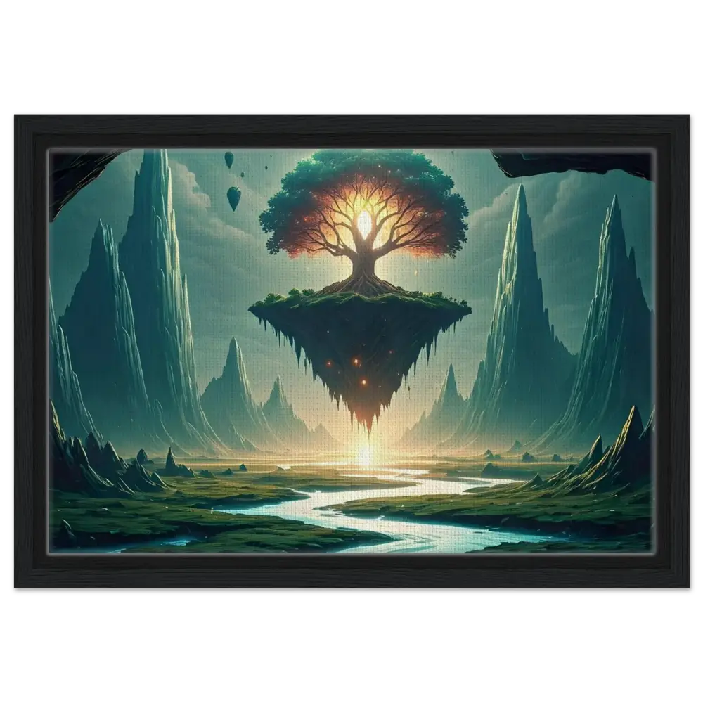 Floating island with a radiant tree on Sanctuary of the Skyroot framed canvas wall display