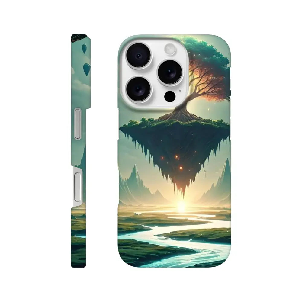 Fantasy landscape phone case featuring a dreamy skyroot sanctuary design for iPhone