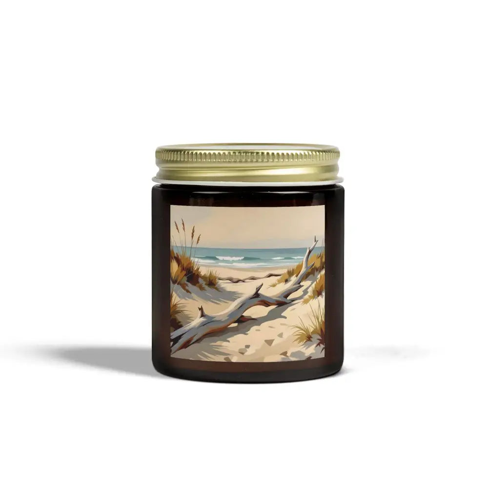 Beach-themed candle jar from PixiOnyx Coastal Calm Series featuring Beachwood Drift scent