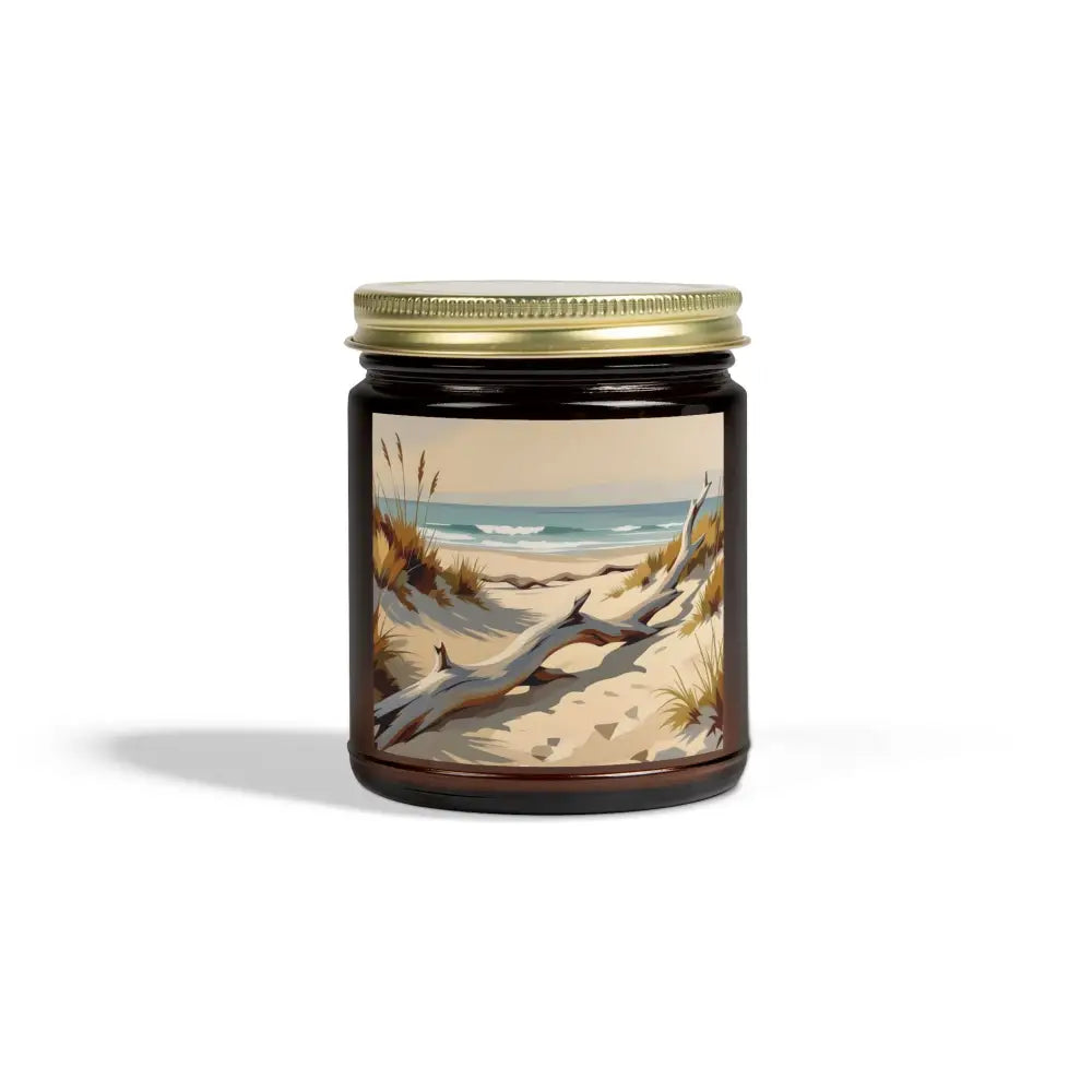 Beach scene candle from PixiOnyx Coastal Calm Series with driftwood design