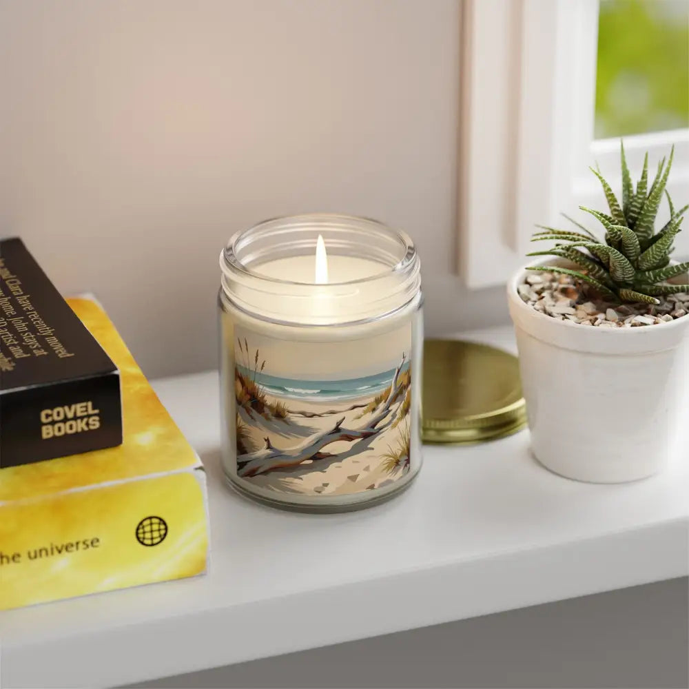 Beach-themed scented candle in glass jar from PixiOnyx Coastal Calm Series