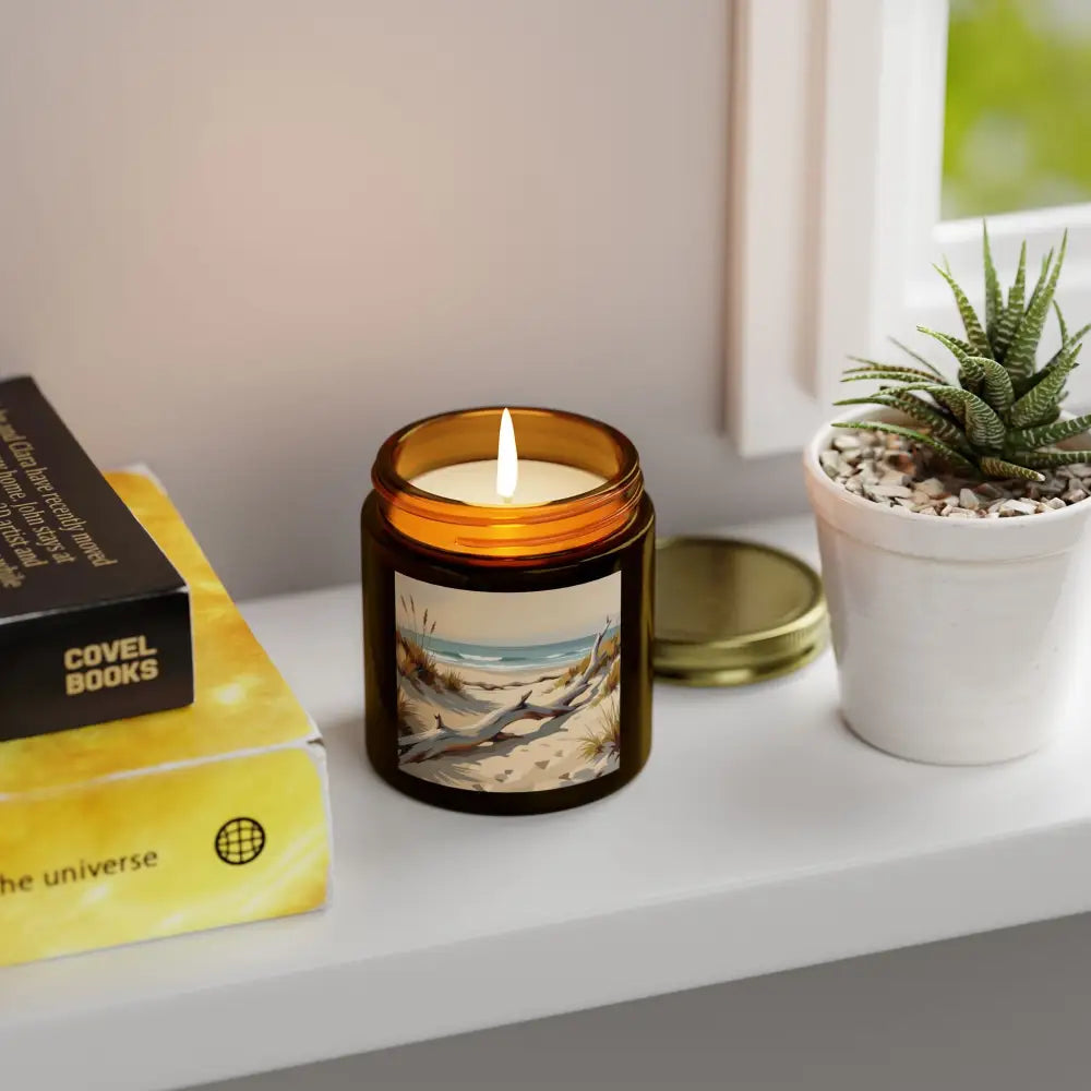 Amber jar candle with Beach Scene label from PixiOnyx Coastal Calm Series