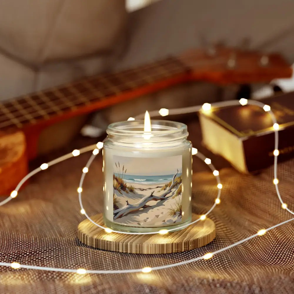 Beach-themed scented candle in glass jar from PixiOnyx Coastal Calm Series