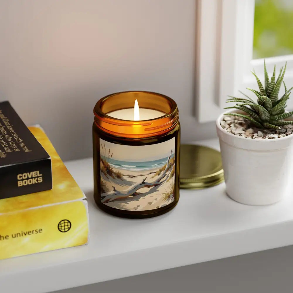 Beach-themed candle in amber jar from PixiOnyx Coastal Calm Series